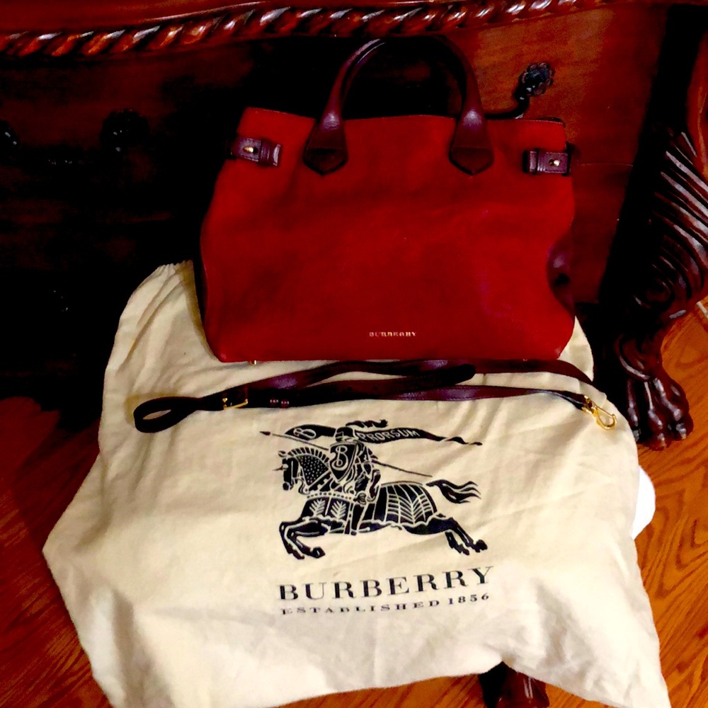 Leather Suede Burgundy Burberry Purse w/adjustable crossbody strap and dust bag